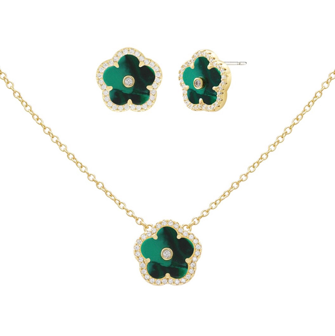 Flower 14k plated emerald CZ earring set